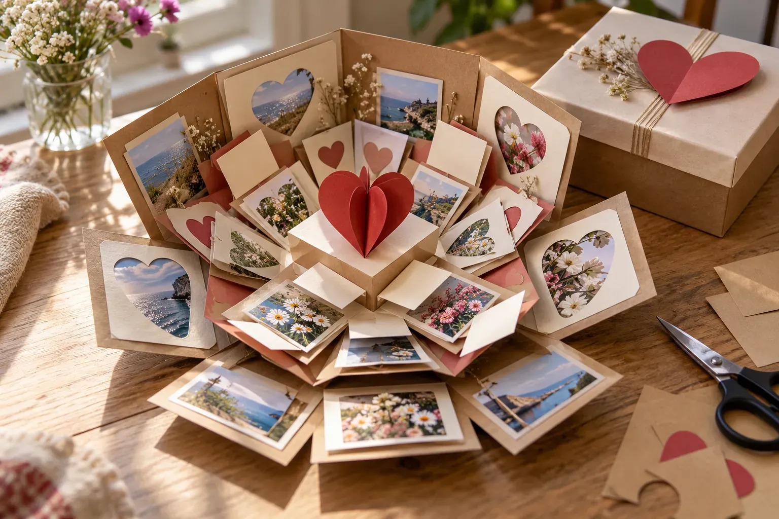 Boîte surprise en papier dépliée en croix, cœurs découpés, photos et messages sur une table