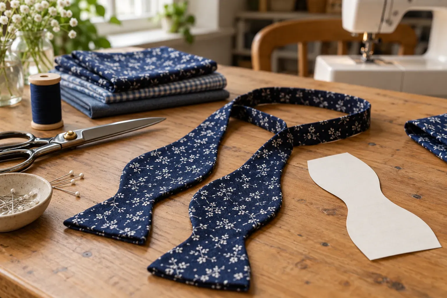 Nœud papillon en tissu cousu main, gabarit papier et ciseaux sur une table de couture