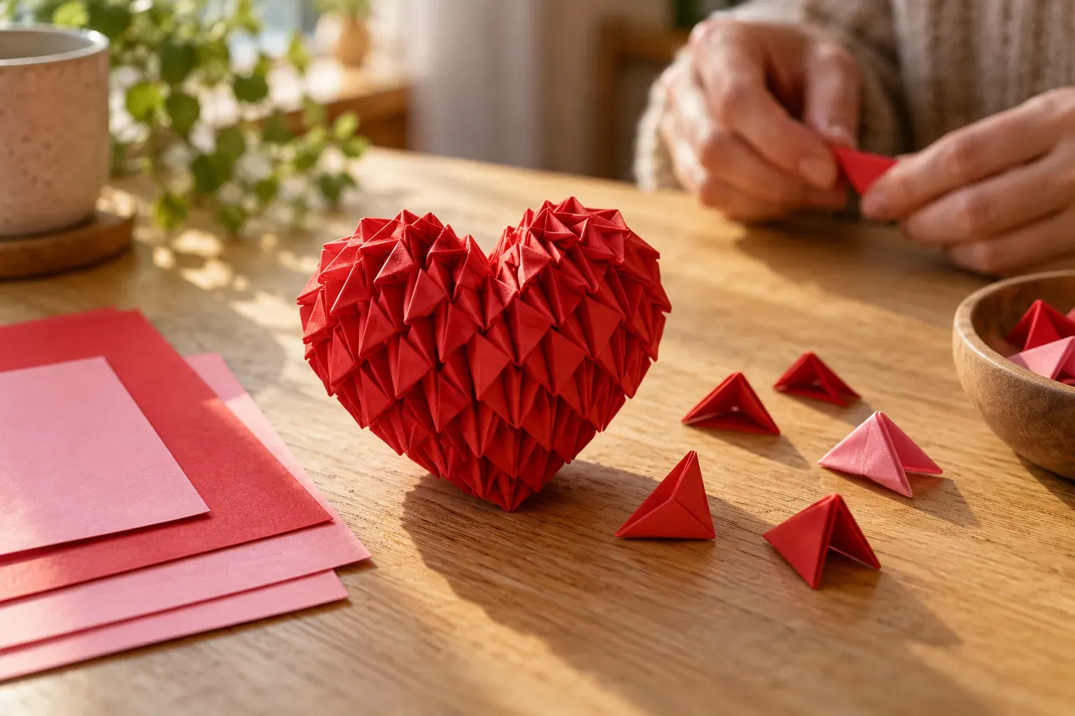 Cœur en origami 3D rouge formé de modules triangulaires, posé sur une table en bois