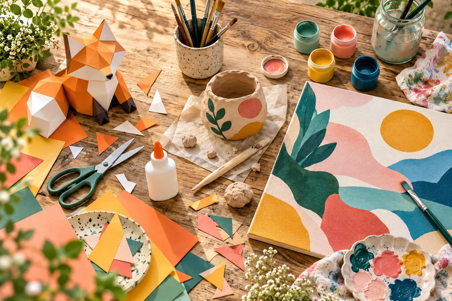 Table d'activités créatives vue de dessus : animal en papier, peinture par numéro, petit pot en argile