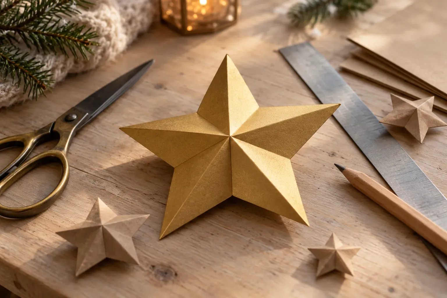 Étoile en papier 3D dorée pliée en relief, sur une table en bois près de ciseaux