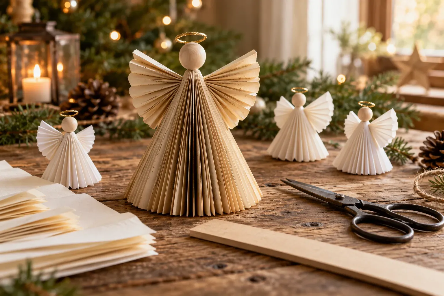 Ange en livre plié entouré de petits anges en papier sur une table en bois