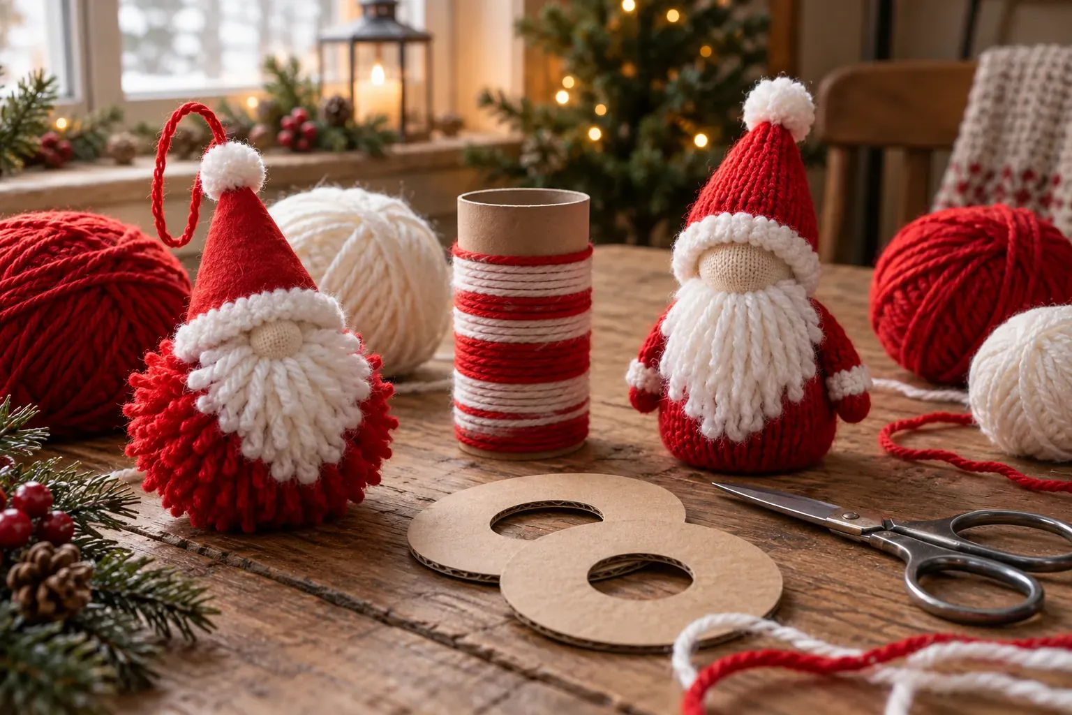 Petits Pères Noël en laine rouge et blanche faits main, entourés de pelotes et de ciseaux