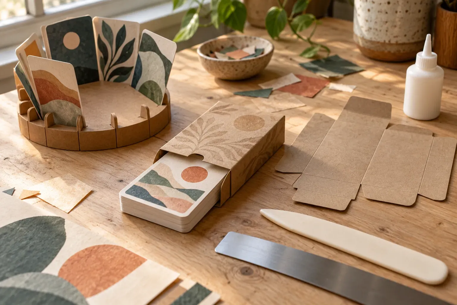 Étui à cartes à jouer en carton décoré, posé près d'un gabarit et d'une règle