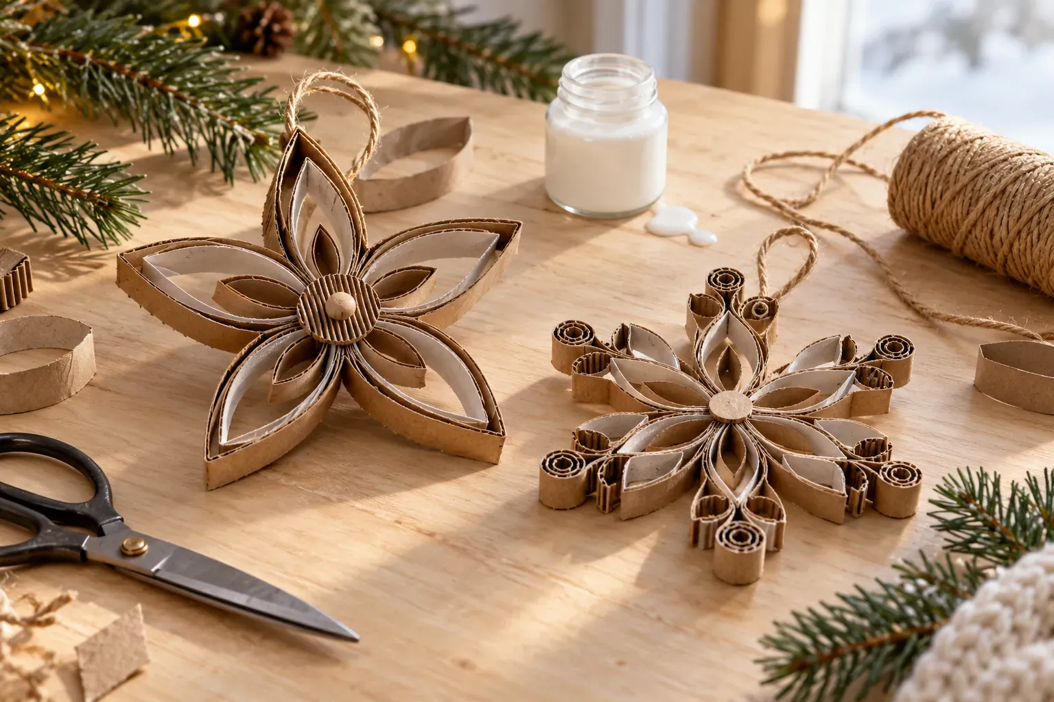 Étoile de Noël en rouleaux de papier toilette recyclés posée sur une table en bois