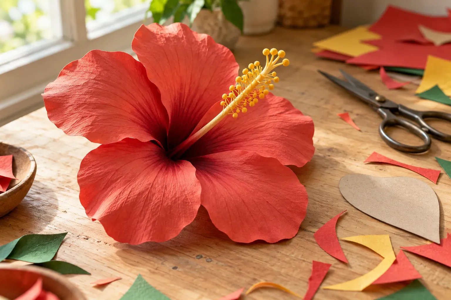 Grande fleur d'hibiscus en papier corail avec pistil jaune, ciseaux et gabarit sur une table